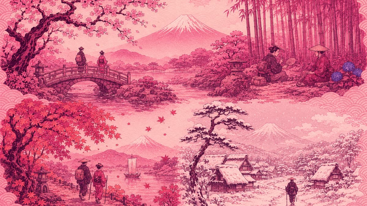 Beste Reisezeit Japan – Ukiyo-e Illustration der vier Jahreszeiten mit Kirschblüte, Sommer, Herbstlaub und Winterschnee