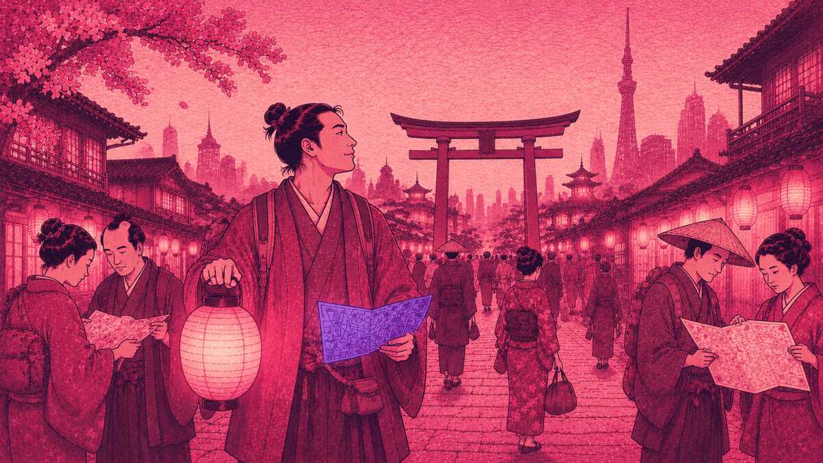 eSIM Japan – Ukiyo-e Illustration eines Reisenden der sicher durch Tokio navigiert mit leuchtendem Wegweiser