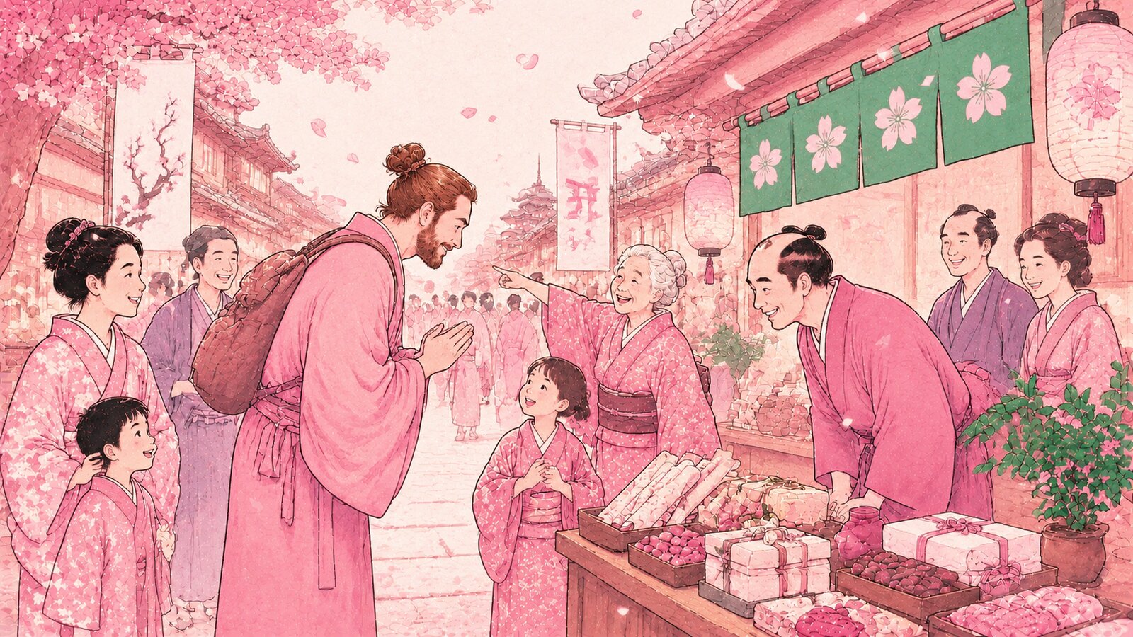 Japanisch lernen Reise – Ukiyo-e Illustration eines Reisenden der sich höflich bei japanischen Einheimischen bedankt auf einem belebten Marktplatz