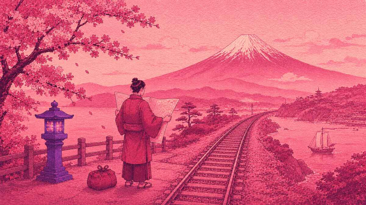 JR Pass Japan – Ukiyo-e Illustration eines Reisenden an einer Zugkreuzung mit Routen quer durch Japan
