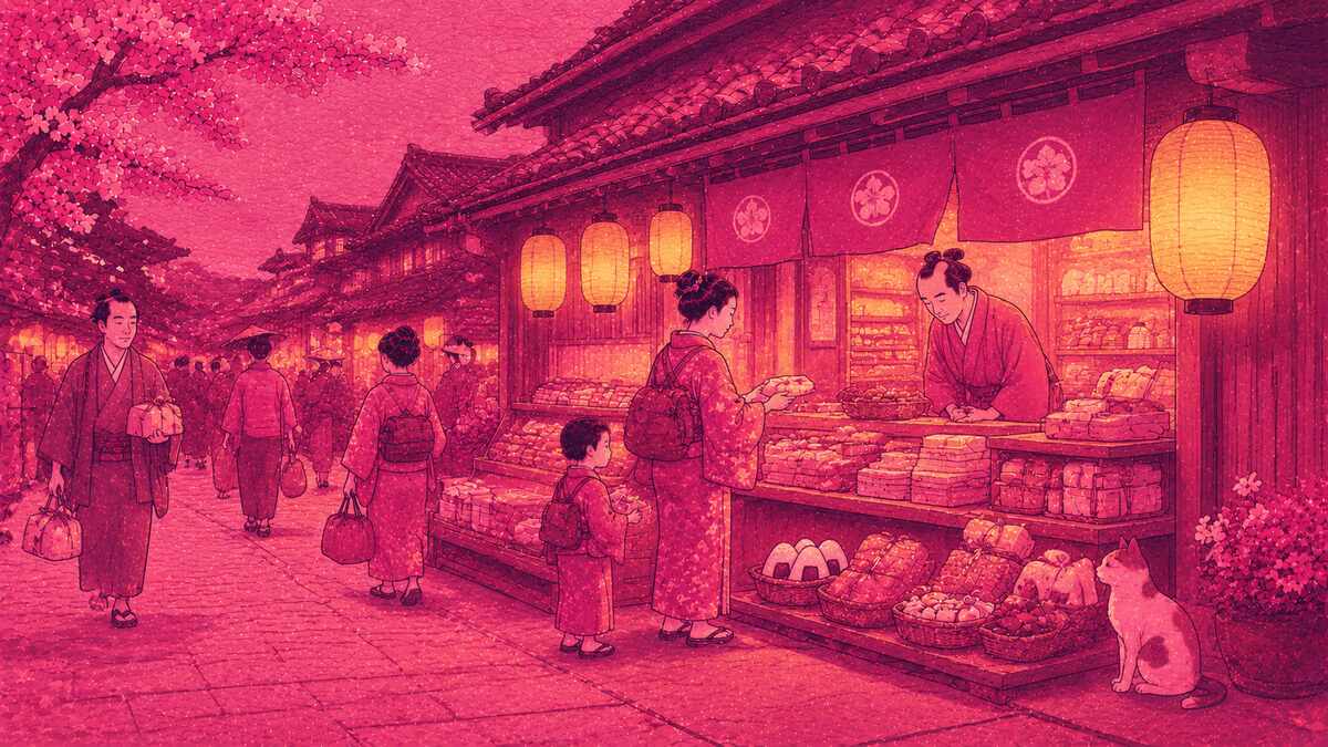 Konbini Japan – Ukiyo-e Illustration eines traditionellen japanischen Nachtstands mit Onigiri Bento und Stadtleben