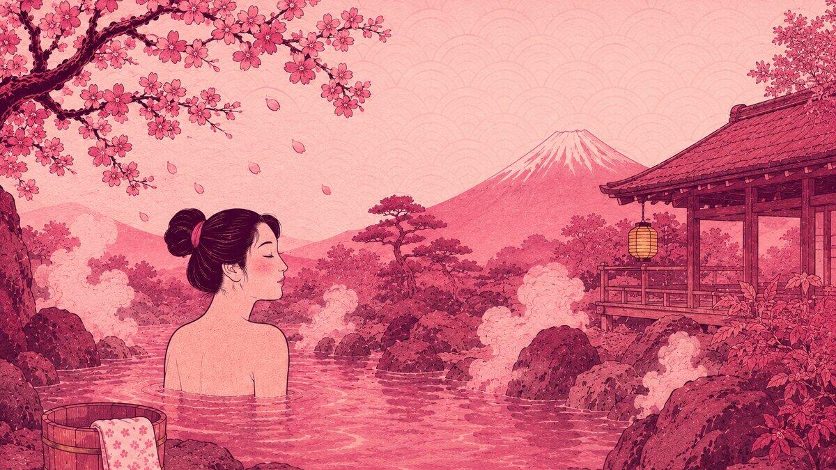 Onsen Japan – Ukiyo-e Illustration eines traditionellen Außenbades mit Dampf, Felsen und japanischer Berglandschaft
