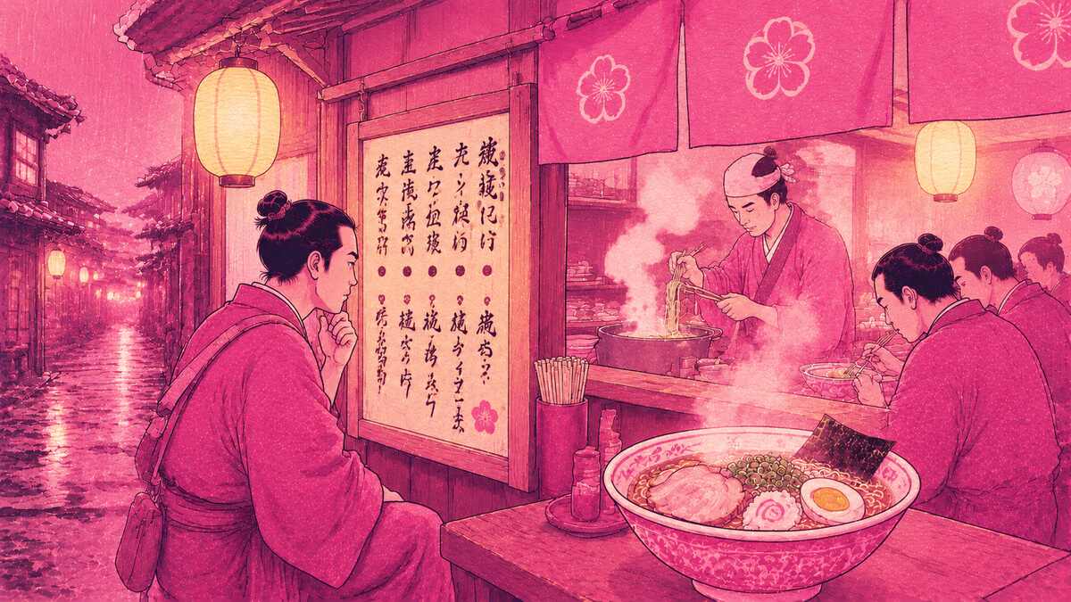 Ramen Japan – Ukiyo-e Illustration einer dampfenden Ramen-Bar mit Reisenden und Kanji-Menütafel bei Nacht