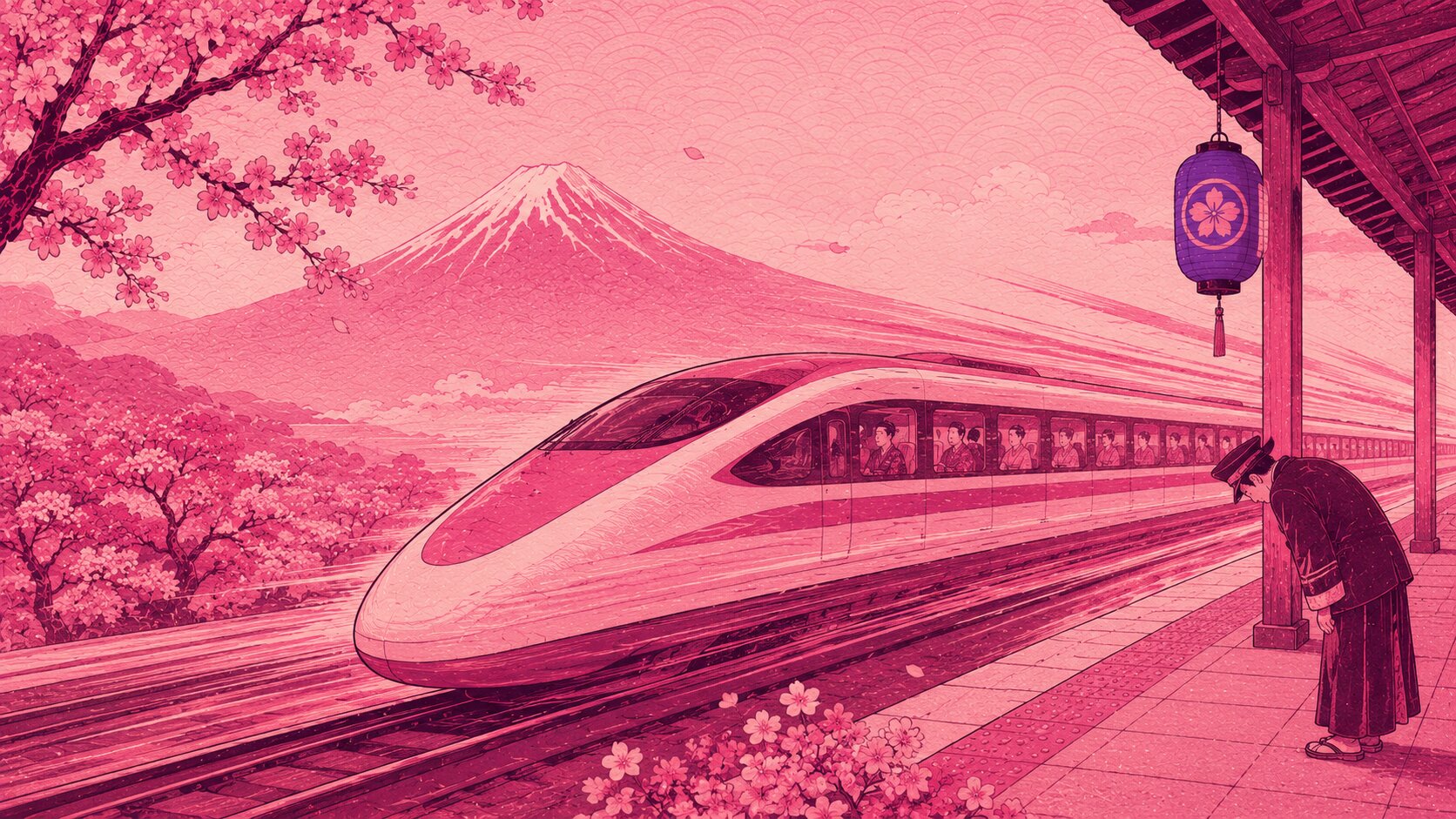 Shinkansen Japan – Ukiyo-e Illustration des Bullet Train mit Mount Fuji und Reisenden im Hintergrund