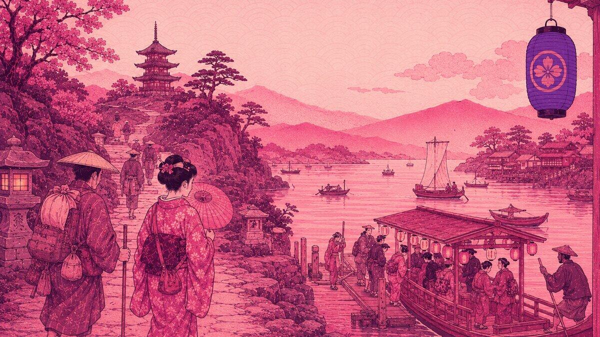 Suica Pasmo Japan – Ukiyo-e Illustration von Reisenden auf dem Weg durch Japan mit Gepäck und Stadtkulisse