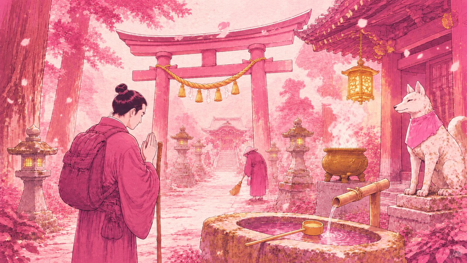 Tempel Schrein Japan – Ukiyo-e Illustration eines Pilgers am Torii-Tor mit Wasserbecken und Räucherstäbchen